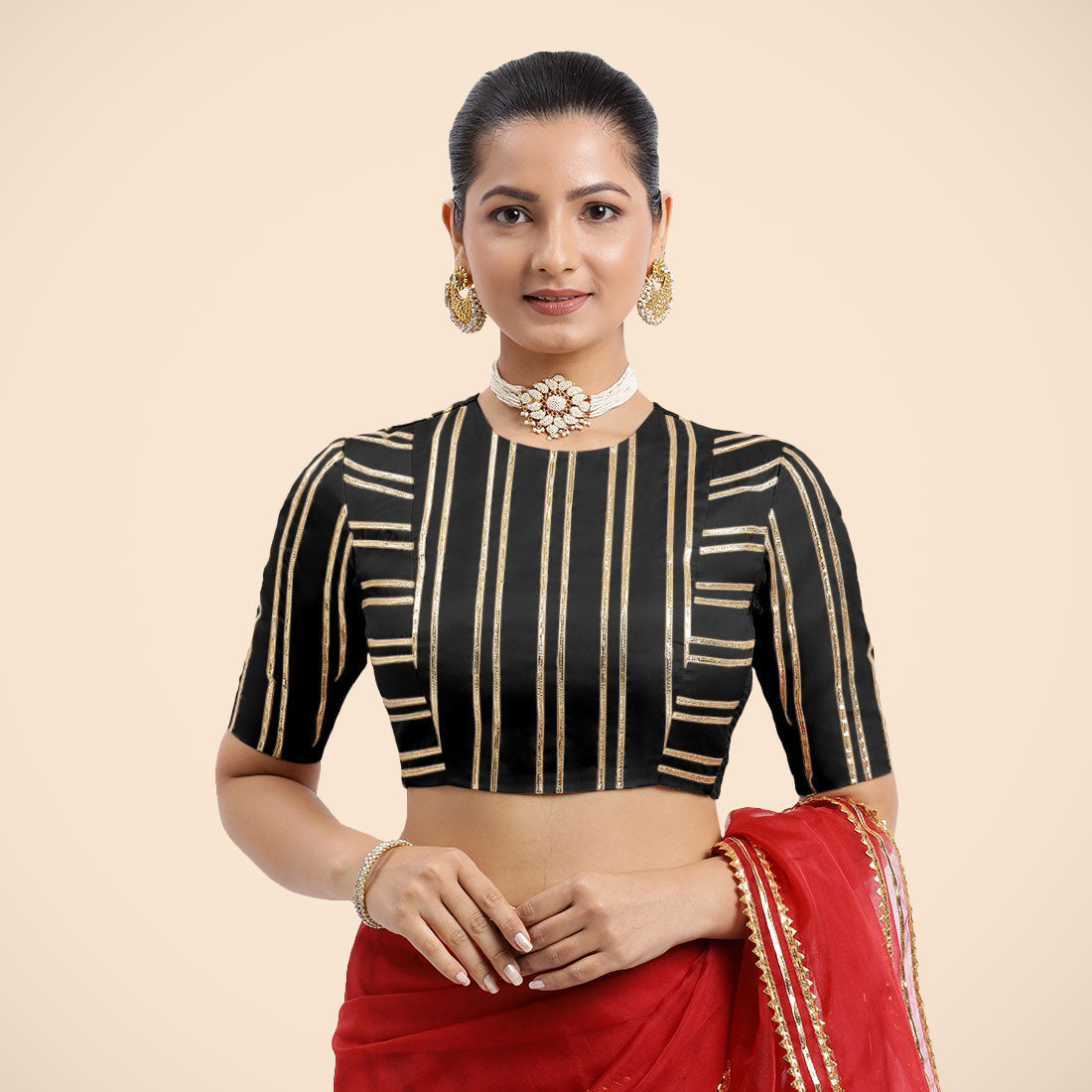 Shaheen x Tyohaar Saree Blouse, in Black Vegan Silk, featuring elbow sleeves, made for party & festive (view 7).