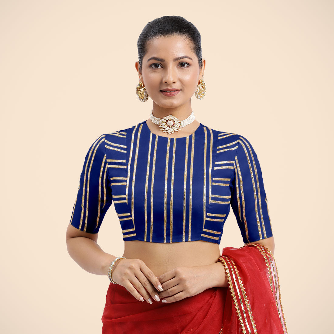 Shaheen x Tyohaar Saree Blouse, in Blue Vegan Silk, featuring elbow sleeves, made for party & festive (view 3).