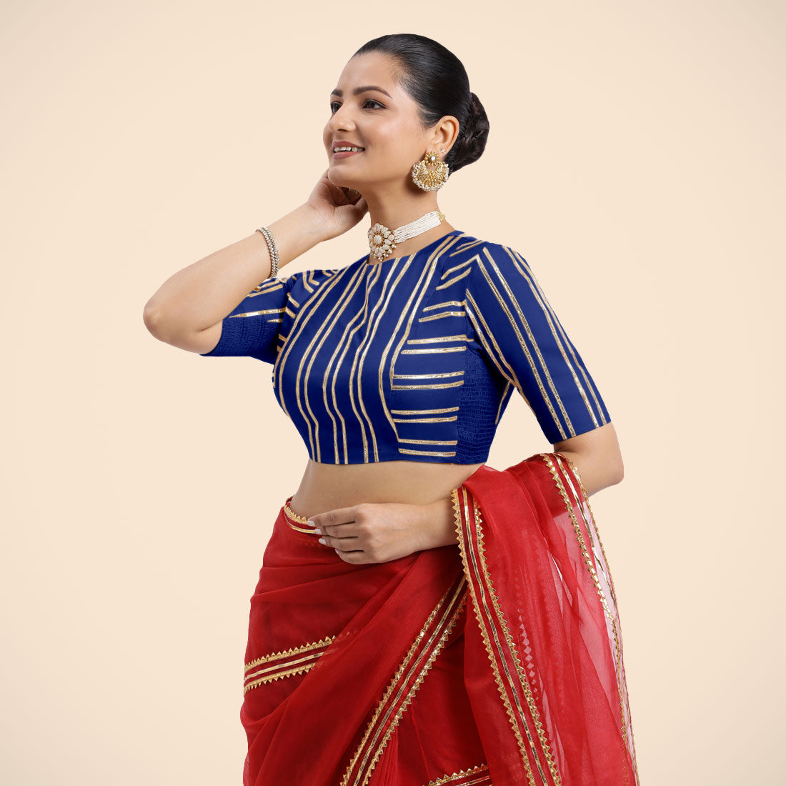 Shaheen x Tyohaar Saree Blouse, in Blue Vegan Silk, featuring elbow sleeves, made for party & festive (view 5).