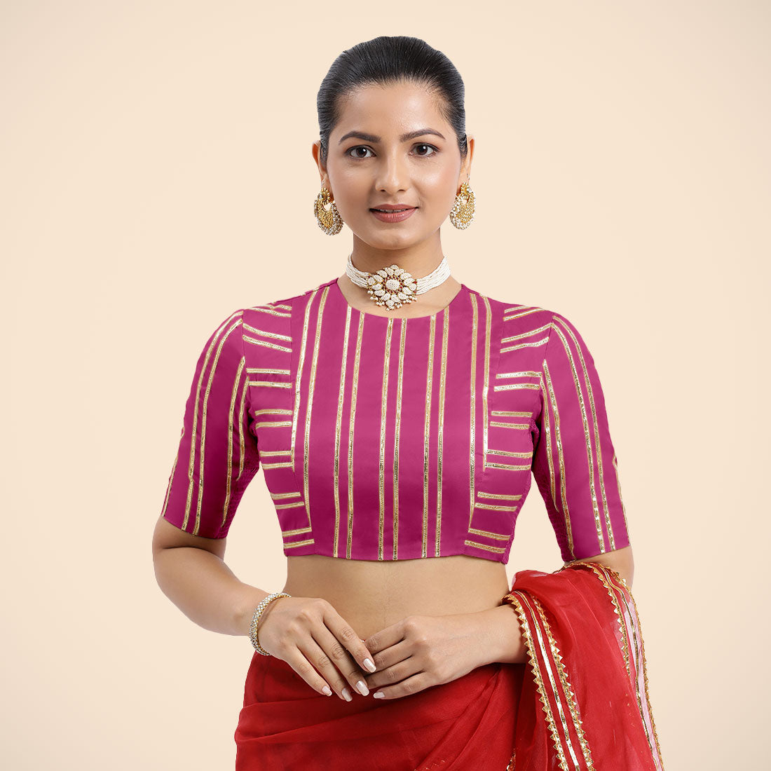 Shaheen x Tyohaar Saree Blouse, in Pink Vegan Silk, featuring elbow sleeves and jewel neckline, made for party & festive.