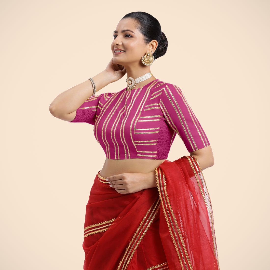 Shaheen x Tyohaar Saree Blouse, in Pink Vegan Silk, featuring elbow sleeves and jewel neckline, made for party & festive.
