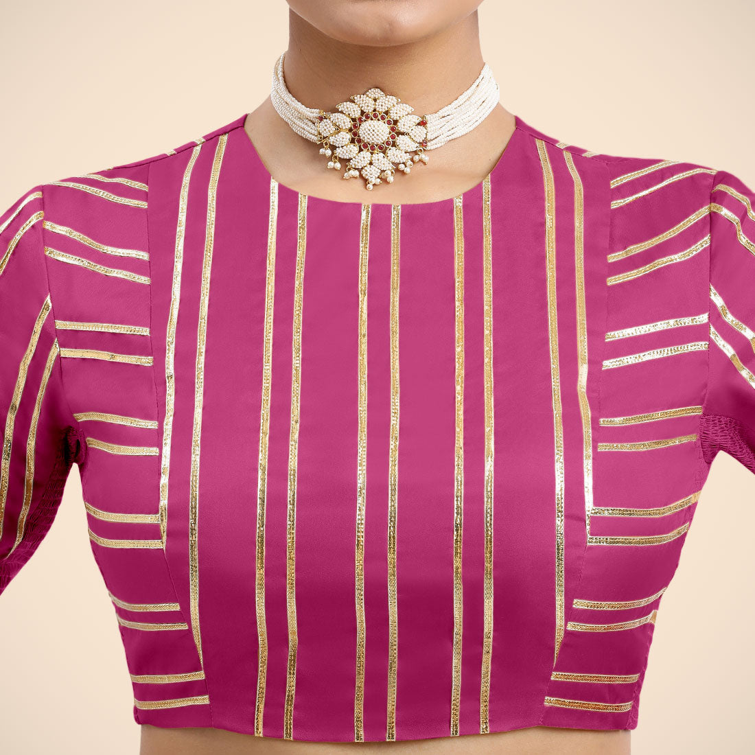 Shaheen x Tyohaar Saree Blouse, in Pink Vegan Silk, featuring elbow sleeves and jewel neckline, made for party & festive.