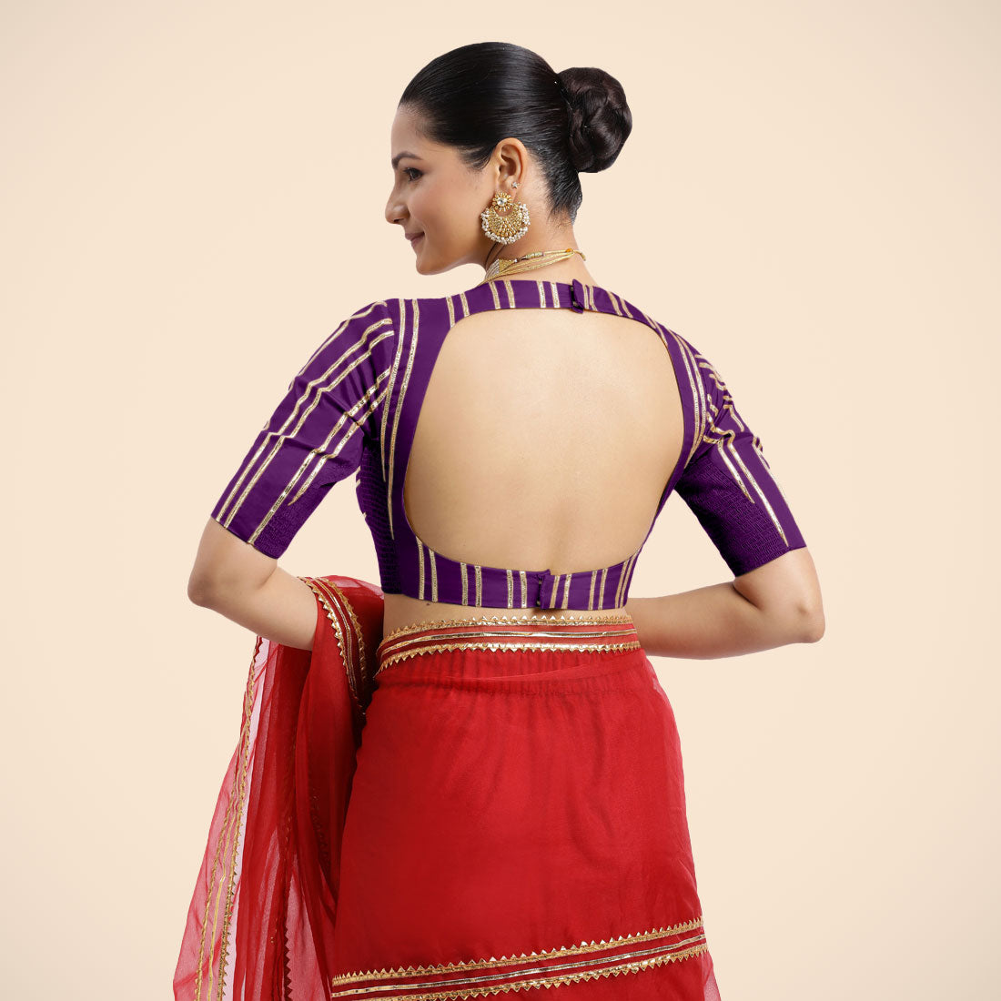 Shaheen x Tyohaar Saree Blouse, in Purple Vegan Silk, featuring elbow sleeves, made for party & festive (view 3).