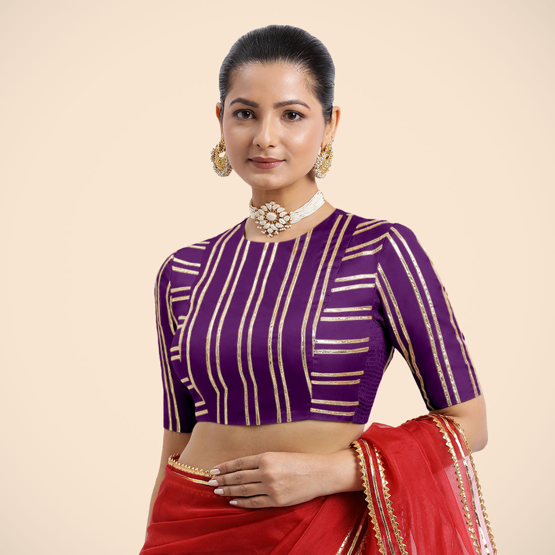 Shaheen x Tyohaar Saree Blouse, in Purple Vegan Silk, featuring elbow sleeves, made for party & festive (view 7).