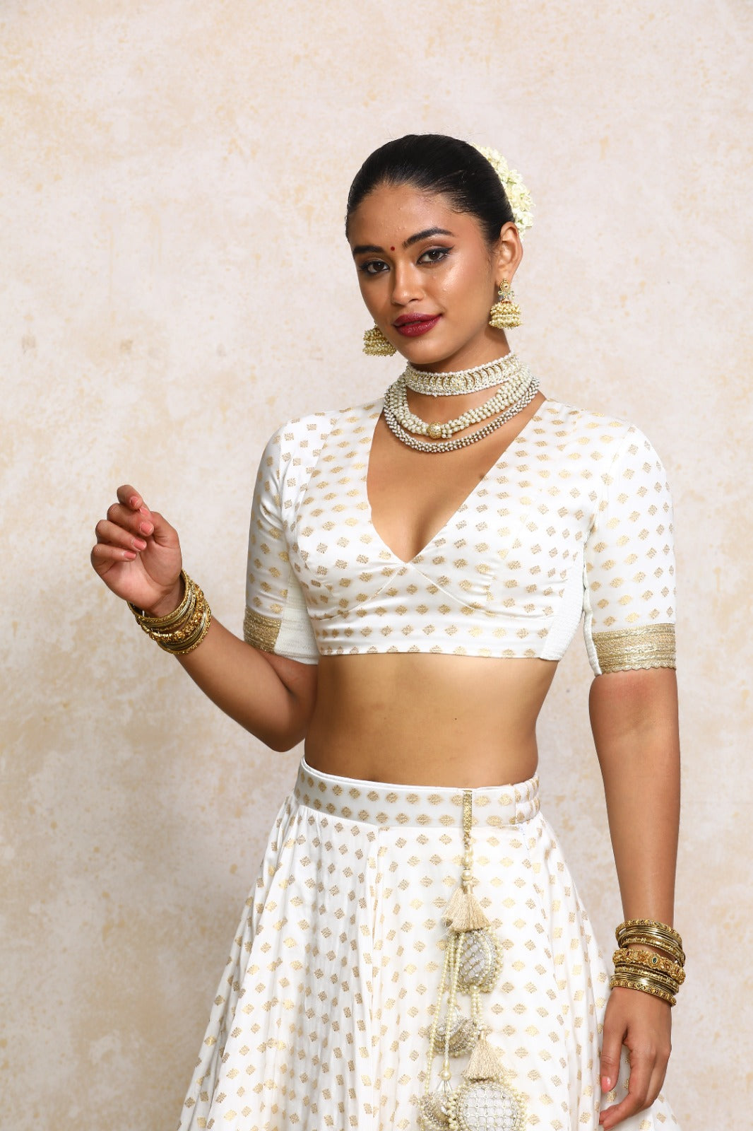 Shaila x Tyohaar Saree Blouse, in White Satin Viscose, featuring elbow sleeves and v-neckline, made for party & festive.
