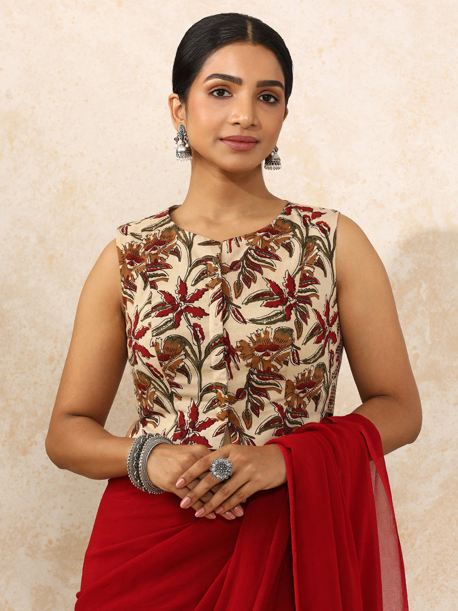 Shanya x Rozaana Saree Blouse, in Cream 100% Cotton - Block Printed, featuring sleeveless and round neckline (view 5).