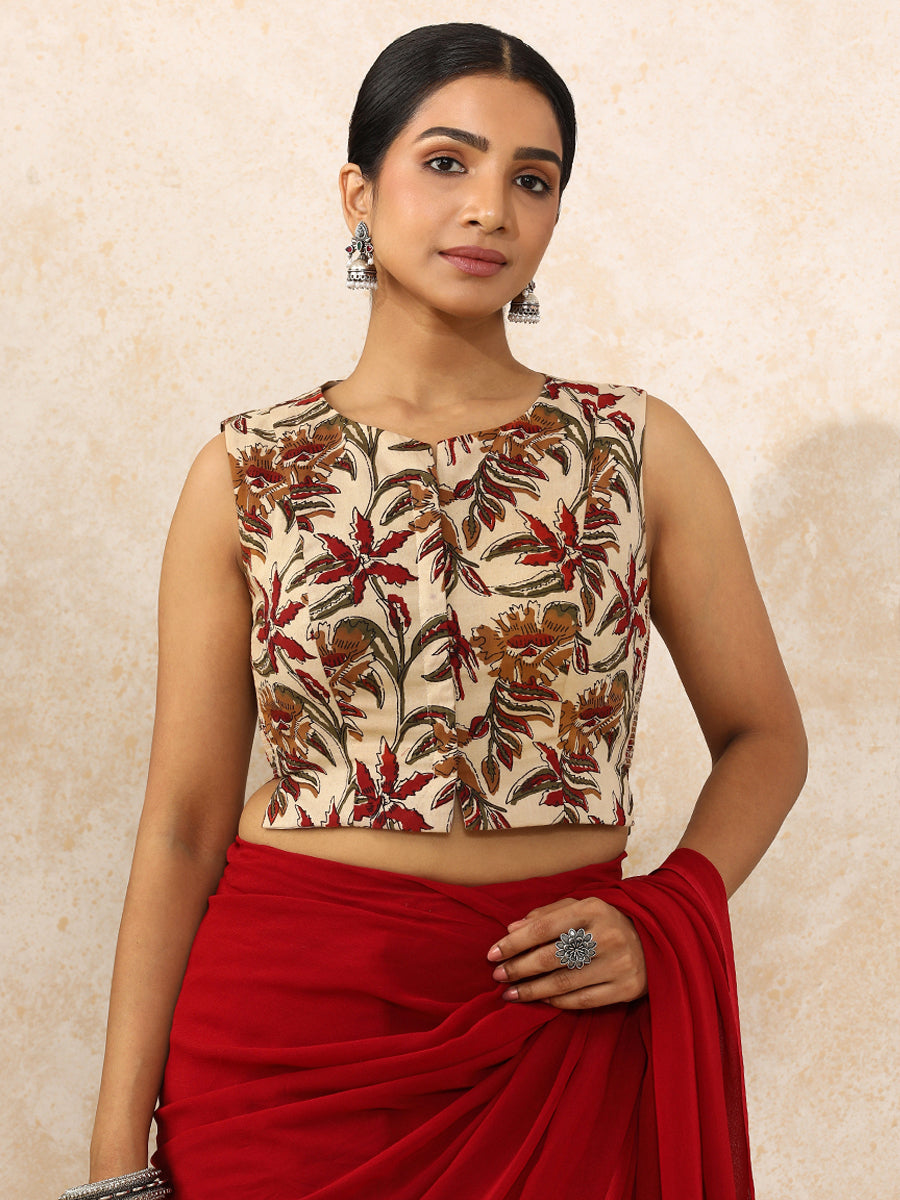 Shanya x Rozaana Saree Blouse, in Cream 100% Cotton - Block Printed, featuring sleeveless and round neckline (view 6).