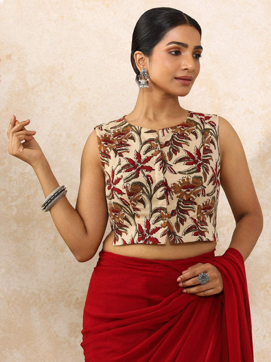 Shanya x Rozaana Saree Blouse, in Cream 100% Cotton - Block Printed, featuring sleeveless and round neckline (view 7).