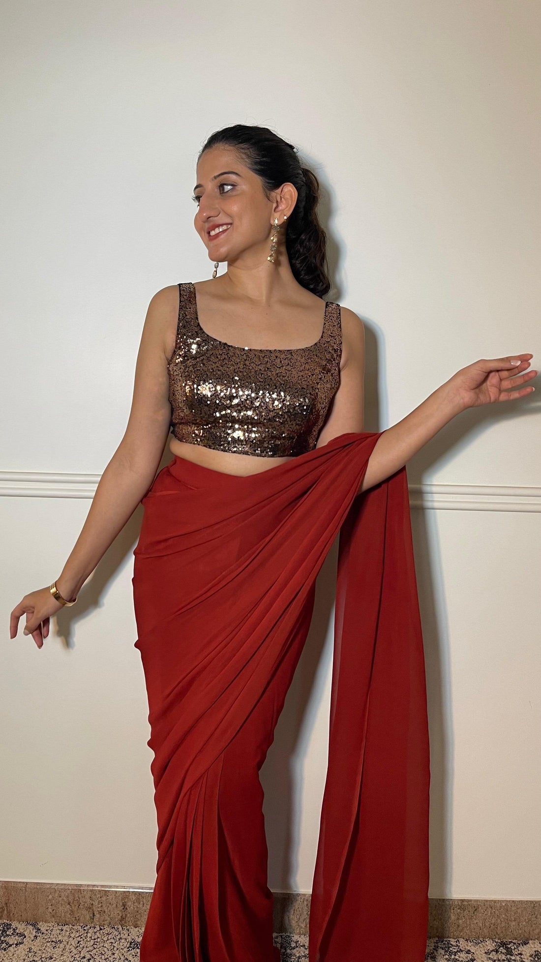 Sheela x Tyohaar Saree Blouse, in Gold Sequin, featuring sleeveless, made for party & festive (view 4).