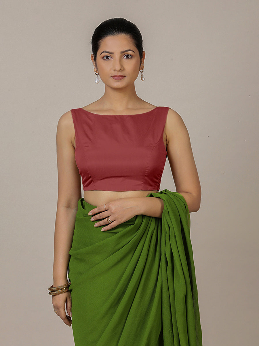 Sherry x Rozaana Saree Blouse, in Red Vegan Silk, featuring sleeveless and boat neckline, made for party & festive.