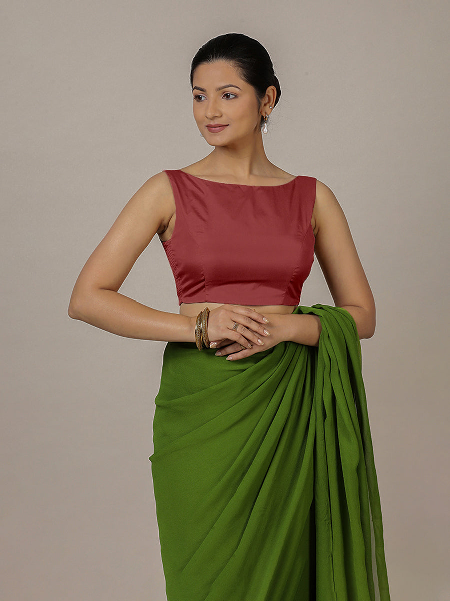 Sherry x Rozaana Saree Blouse, in Red Vegan Silk, featuring sleeveless and boat neckline, made for party & festive (view 4).