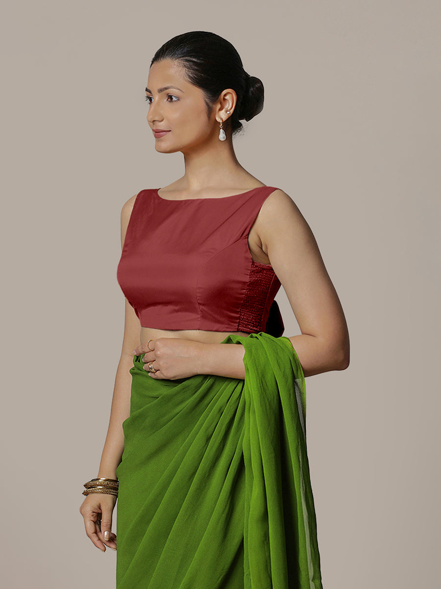 Sherry x Rozaana Saree Blouse, in Red Vegan Silk, featuring sleeveless and boat neckline, made for party & festive (view 6).