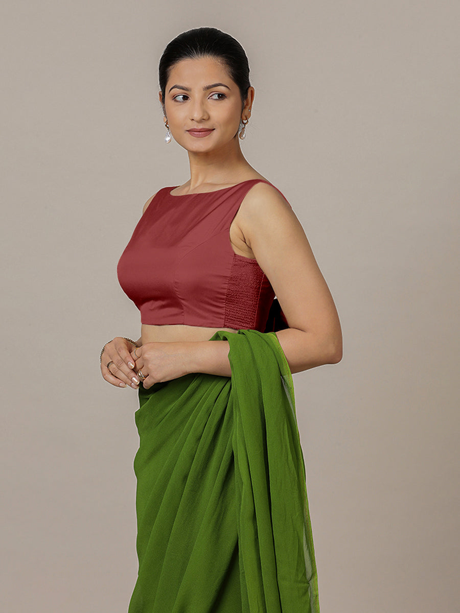 Sherry x Rozaana Saree Blouse, in Red Vegan Silk, featuring sleeveless and boat neckline, made for party & festive (view 7).