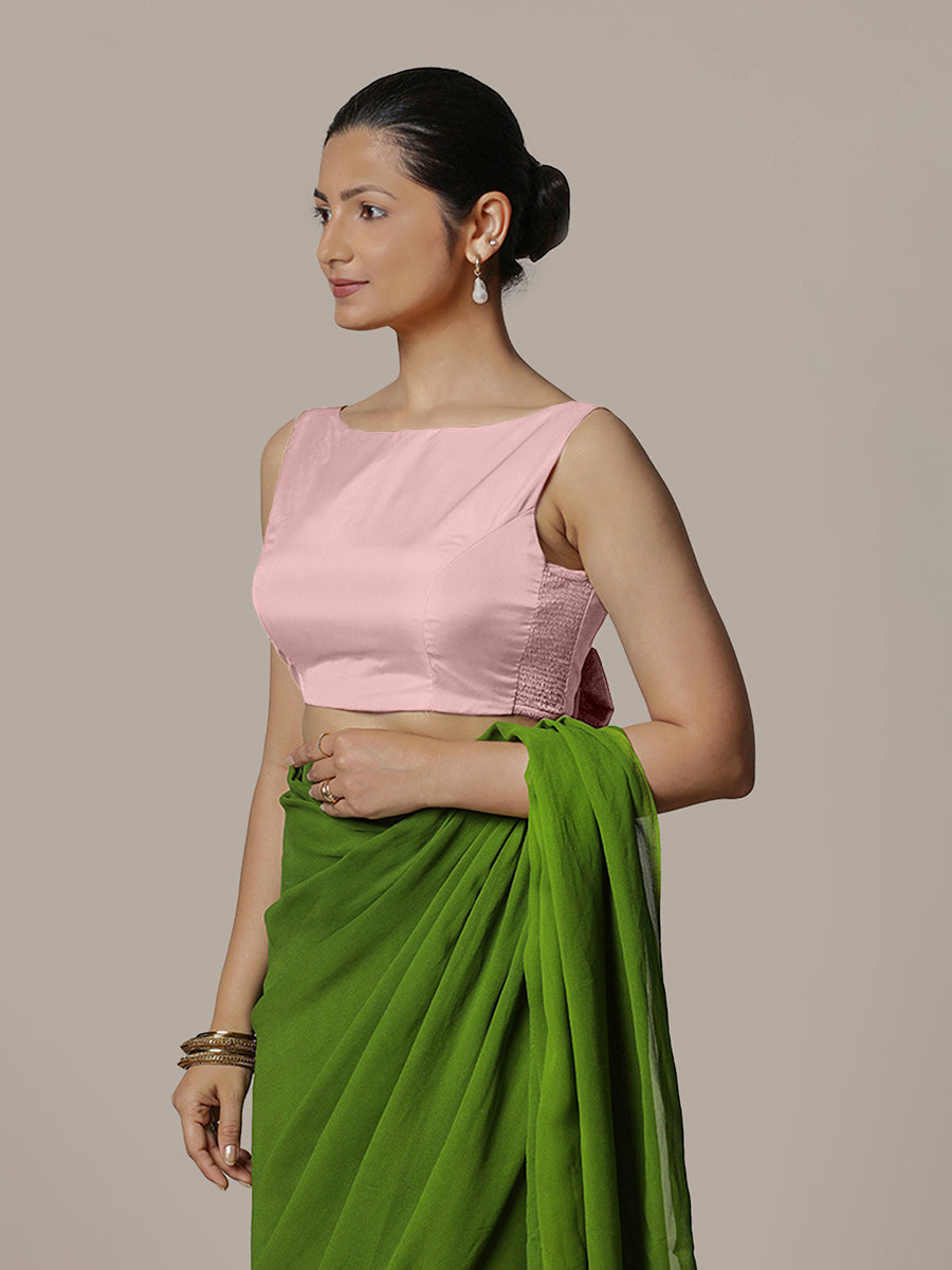 Sherry x Rozaana Saree Blouse, in Pink Artificial Silk, featuring sleeveless and boat neckline, made for party & festive.
