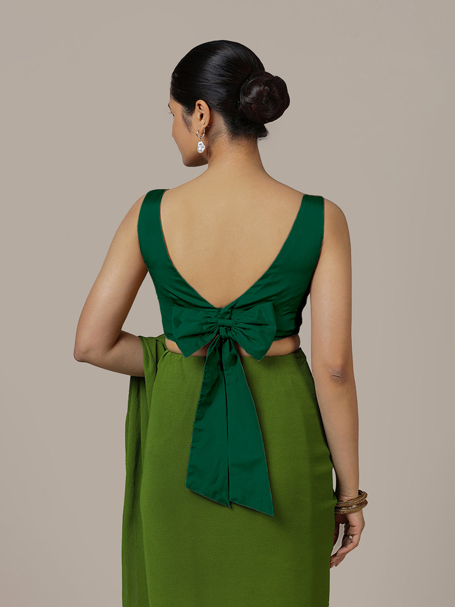 Sherry x Rozaana Saree Blouse, in Green Vegan Silk, featuring sleeveless and boat neckline, made for party & festive (view 2).