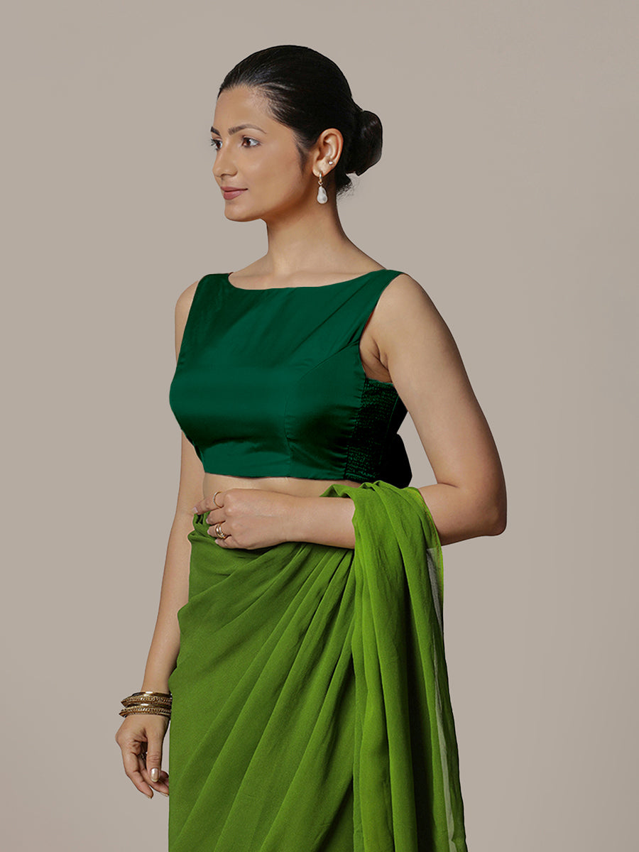 Sherry x Rozaana Saree Blouse, in Green Vegan Silk, featuring sleeveless and boat neckline, made for party & festive (view 5).