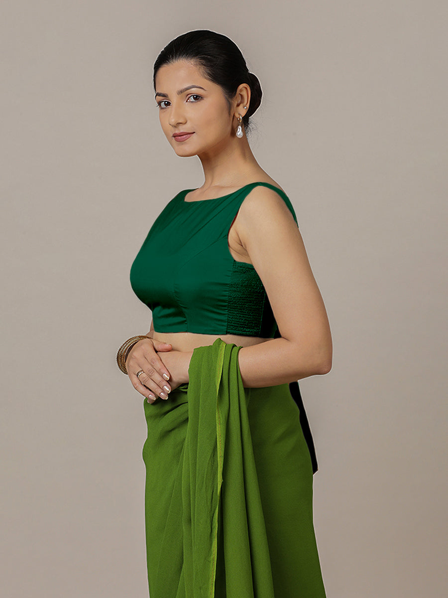 Sherry x Rozaana Saree Blouse, in Green Vegan Silk, featuring sleeveless and boat neckline, made for party & festive (view 7).