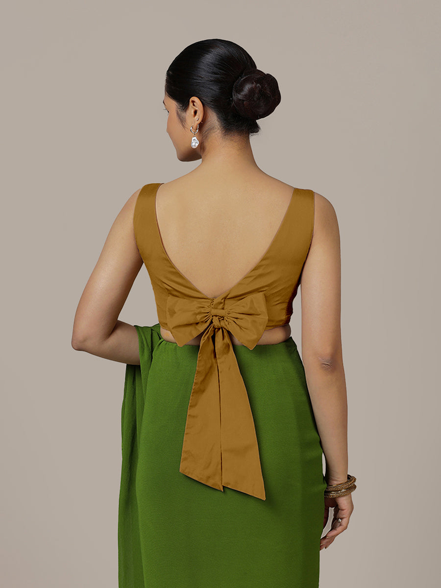 Sherry x Rozaana Saree Blouse, in Gold Vegan Silk, featuring sleeveless and boat neckline, made for party & festive (view 2).