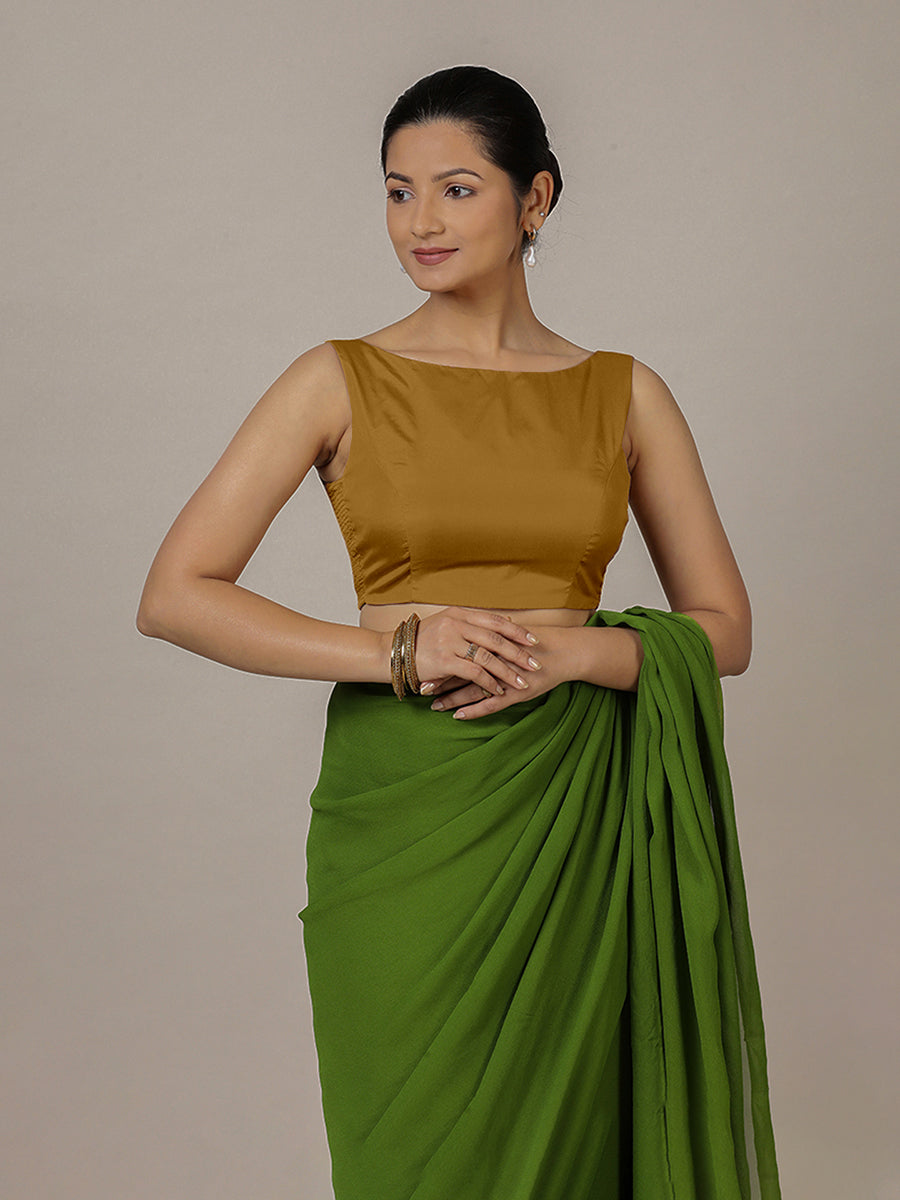 Sherry x Rozaana Saree Blouse, in Gold Vegan Silk, featuring sleeveless and boat neckline, made for party & festive (view 4).