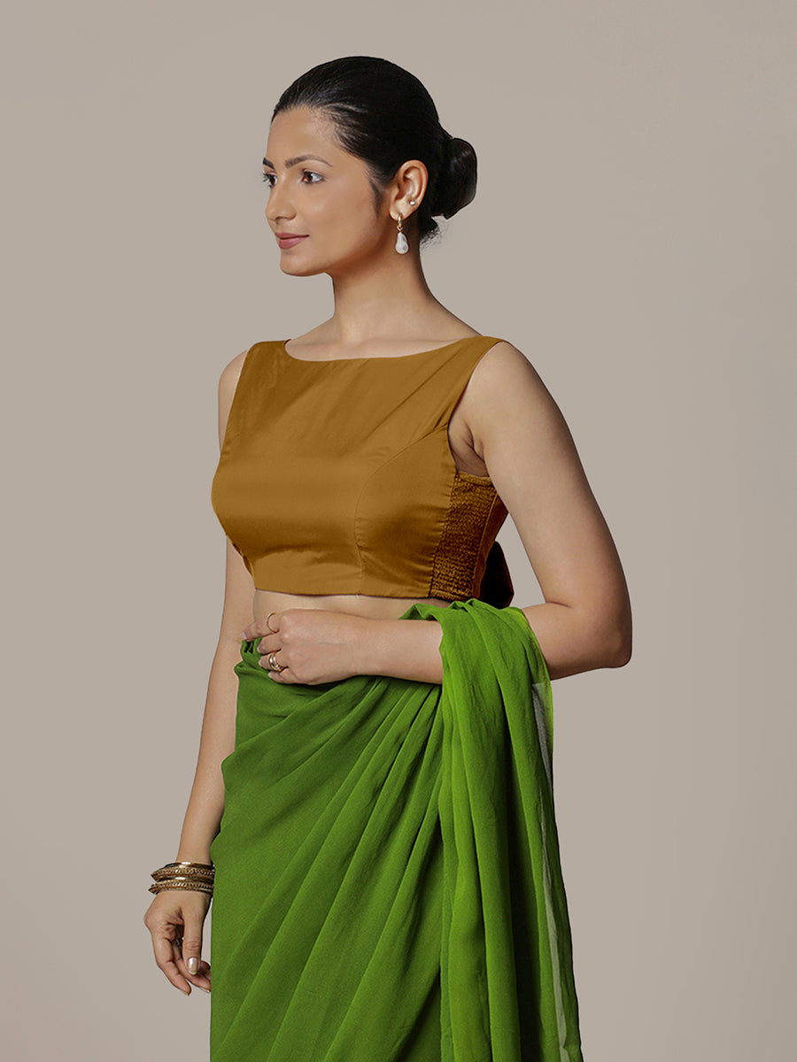 Sherry x Rozaana Saree Blouse, in Gold Vegan Silk, featuring sleeveless and boat neckline, made for party & festive (view 5).
