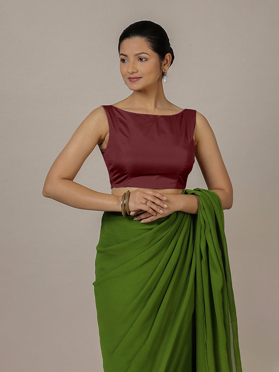 Sherry x Rozaana Saree Blouse, in Maroon Vegan Silk, featuring sleeveless and boat neckline, made for party & festive (view 4).
