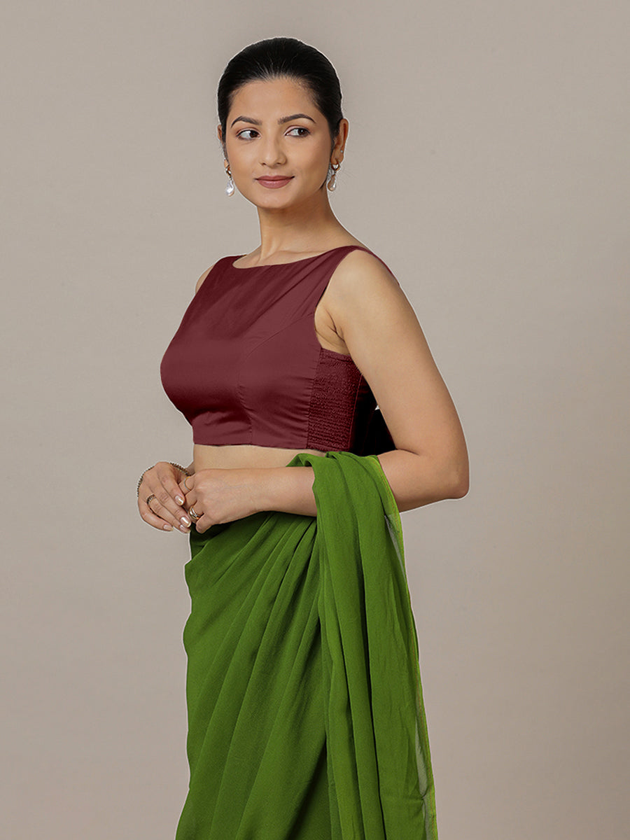Sherry x Rozaana Saree Blouse, in Maroon Vegan Silk, featuring sleeveless and boat neckline, made for party & festive (view 6).
