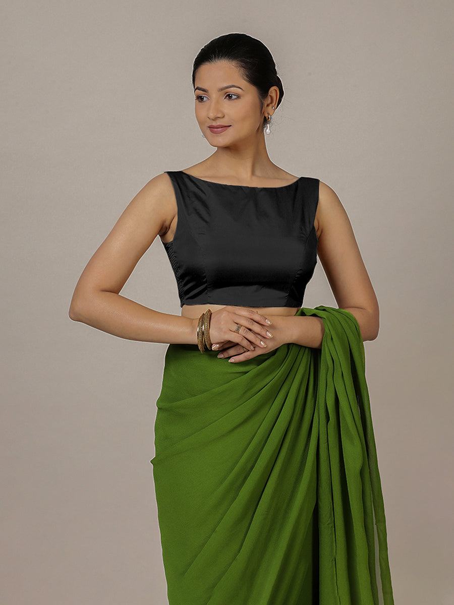 Sherry x Rozaana Saree Blouse, in Black Vegan Silk, featuring sleeveless and boat neckline, made for party & festive (view 4).