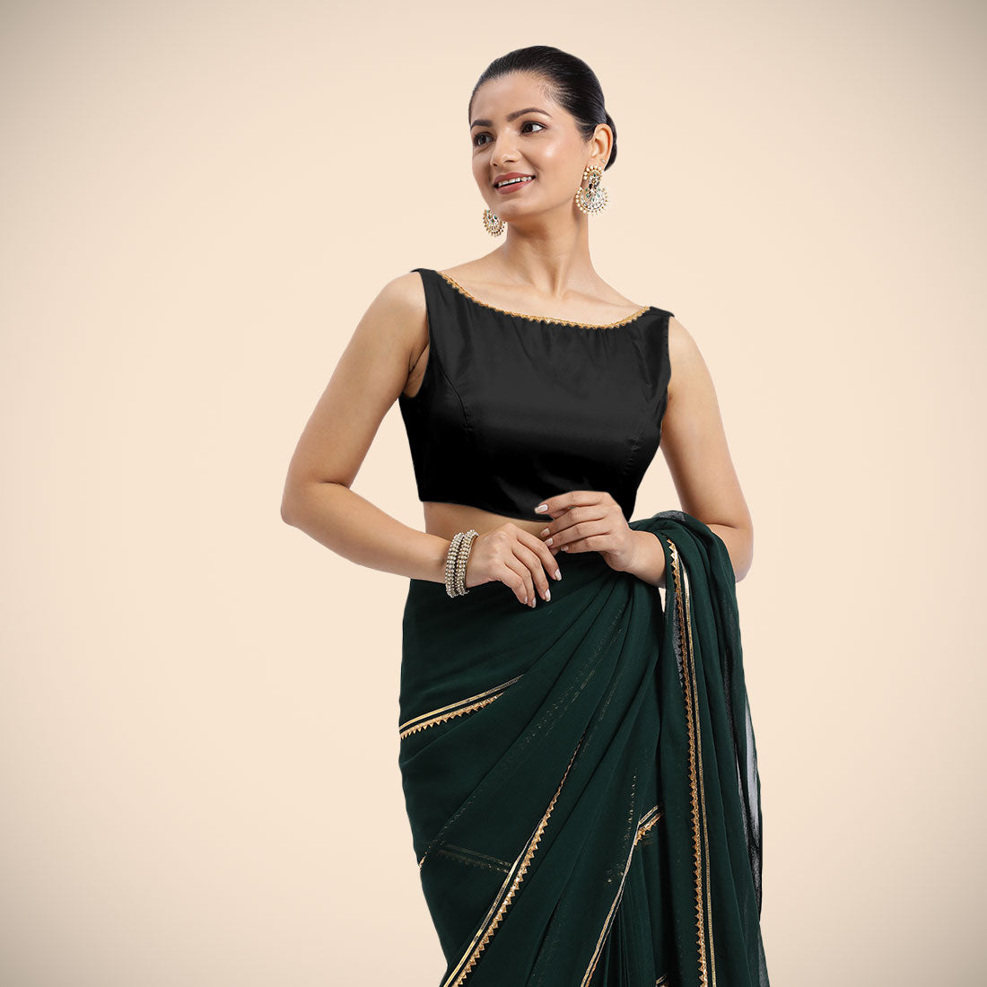 Sherry x Tyohaar Saree Blouse, in Black Vegan Silk, featuring sleeveless and boat neckline, made for party & festive (view 5).