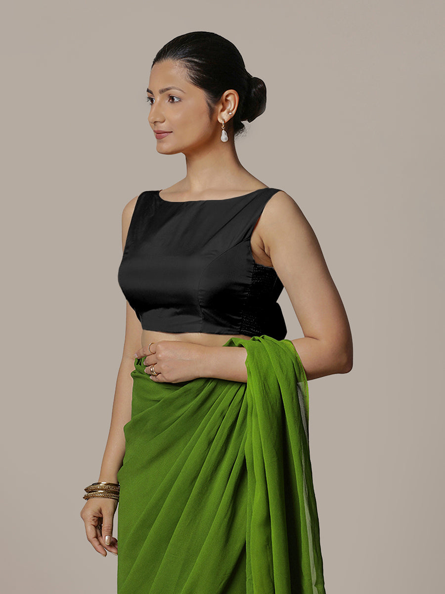 Sherry x Rozaana Saree Blouse, in Black Vegan Silk, featuring sleeveless and boat neckline, made for party & festive (view 6).