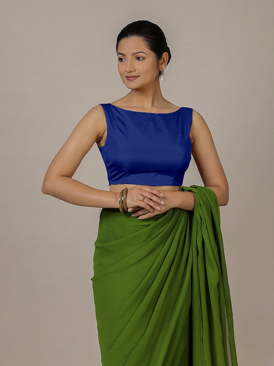 Sherry x Rozaana Saree Blouse, in Blue Vegan Silk, featuring sleeveless and boat neckline, made for party & festive (view 4).