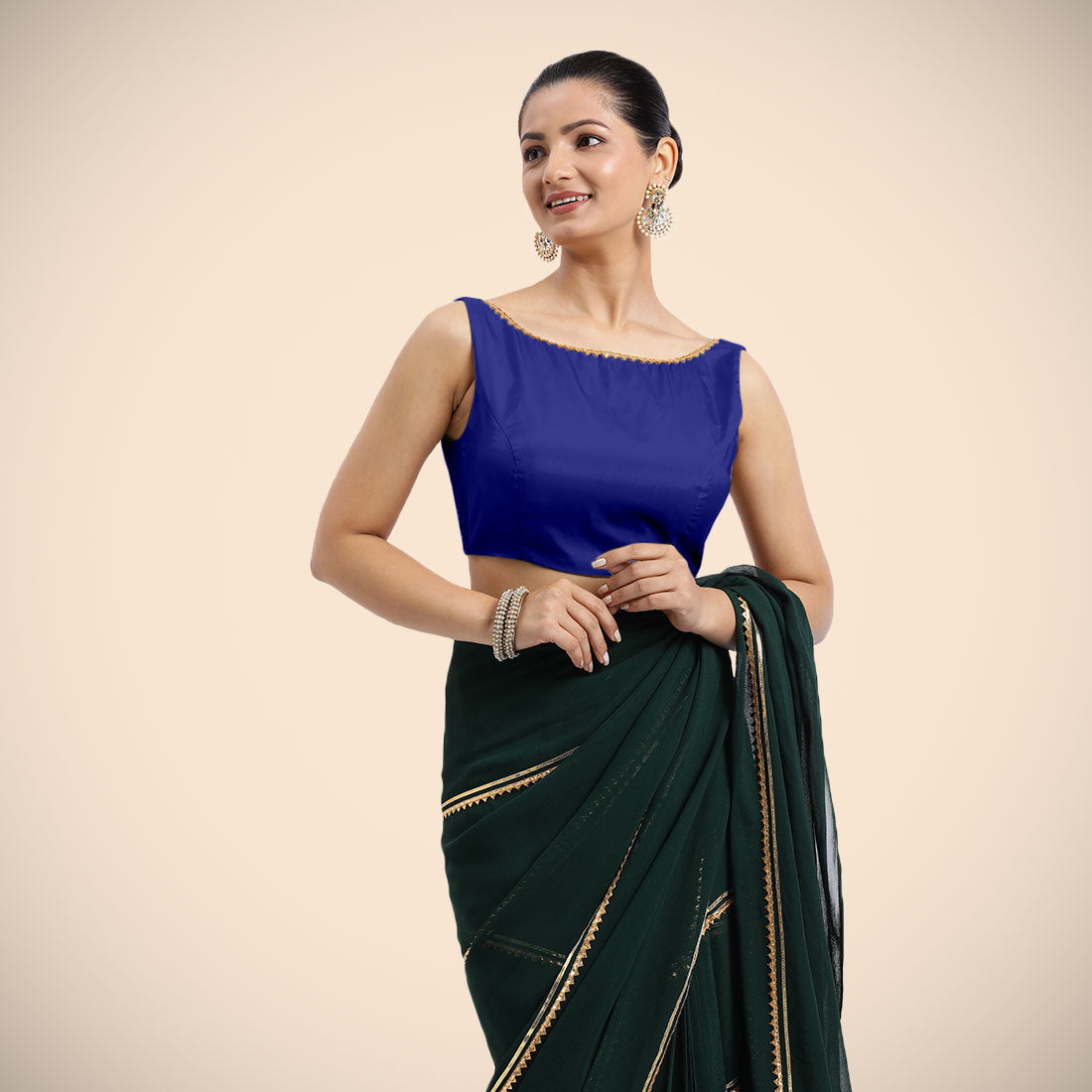 Sherry x Tyohaar Saree Blouse, in Blue Vegan Silk, featuring sleeveless and boat neckline, made for party & festive (view 4).