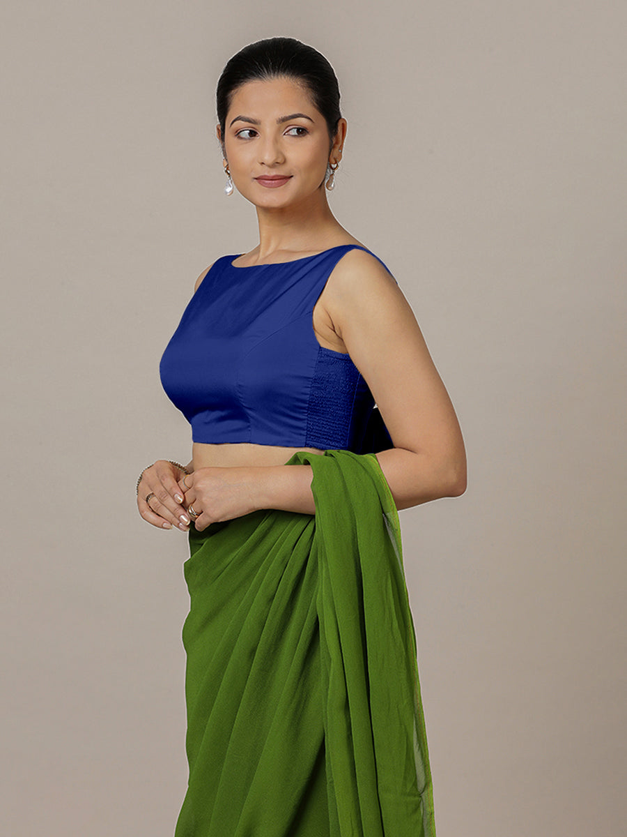 Sherry x Rozaana Saree Blouse, in Blue Vegan Silk, featuring sleeveless and boat neckline, made for party & festive (view 7).