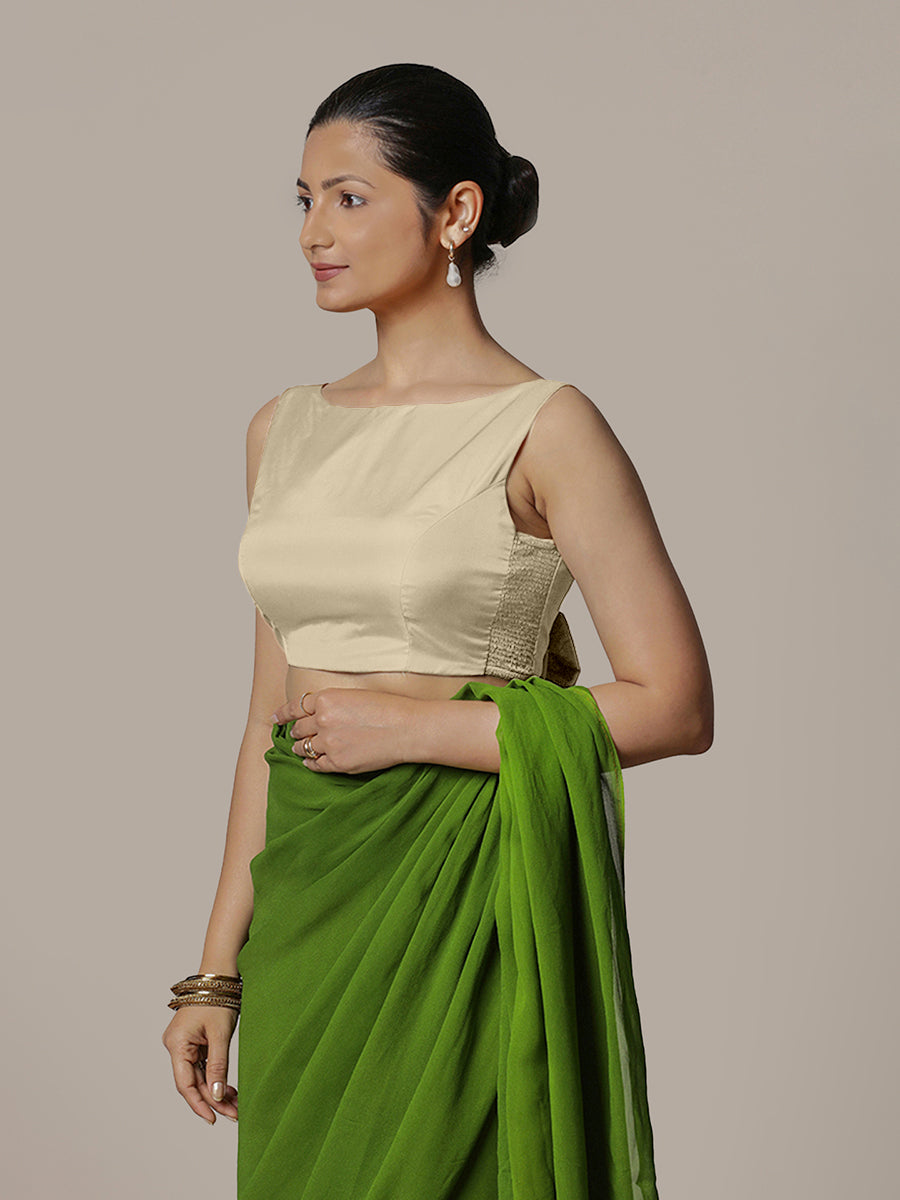 Sherry x Rozaana Saree Blouse, in Cream Vegan Silk, featuring sleeveless and boat neckline, made for party & festive (view 6).