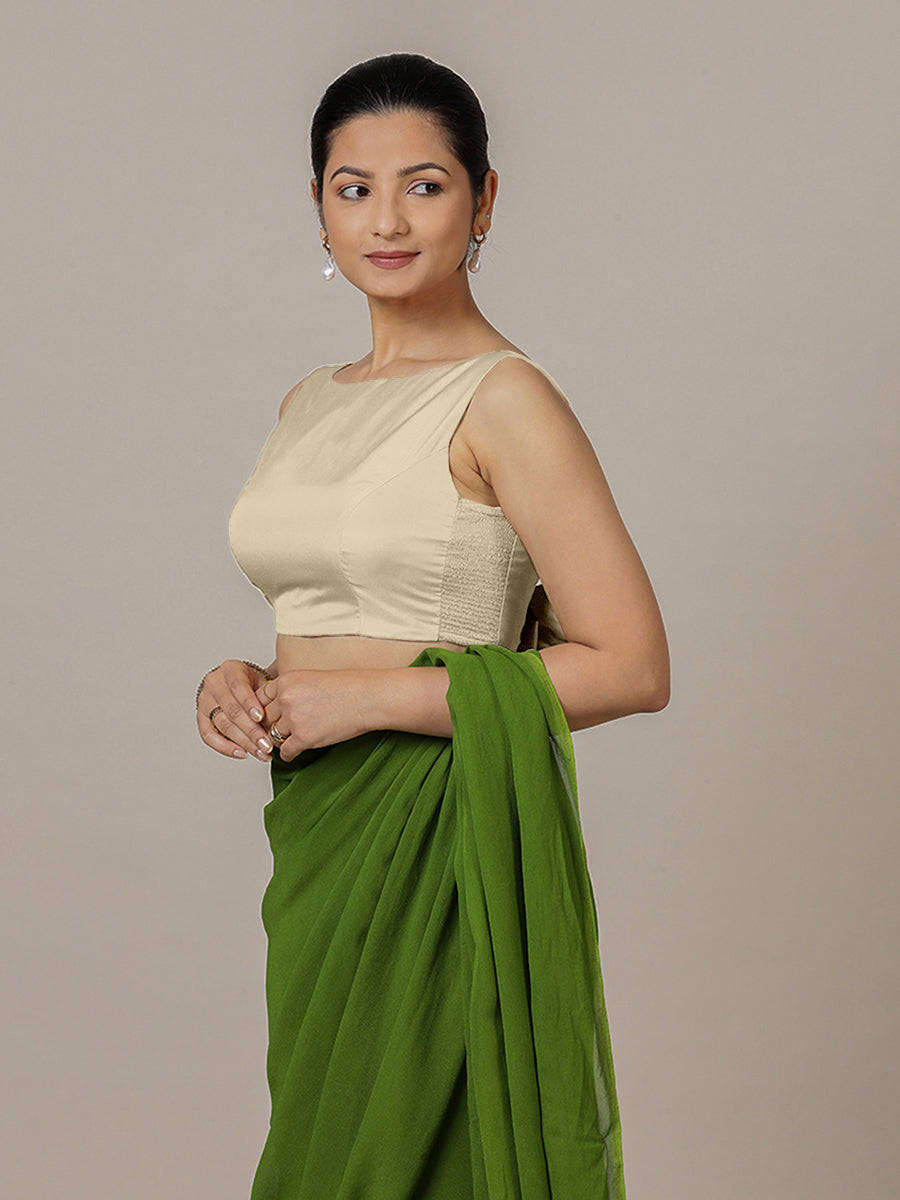 Sherry x Rozaana Saree Blouse, in Cream Vegan Silk, featuring sleeveless and boat neckline, made for party & festive (view 7).