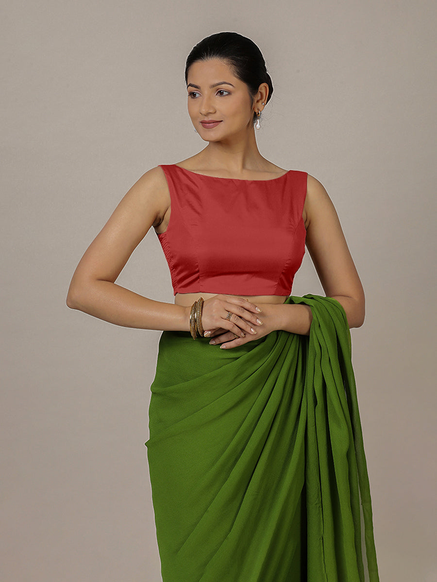 Sherry x Rozaana Saree Blouse, in Red Vegan Silk, featuring sleeveless and boat neckline, made for party & festive.