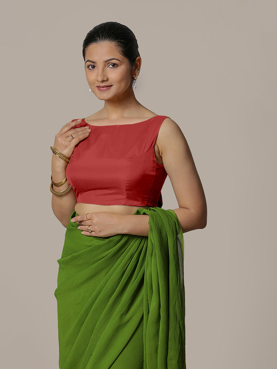 Sherry x Rozaana Saree Blouse, in Red Vegan Silk, featuring sleeveless and boat neckline, made for party & festive (view 4).