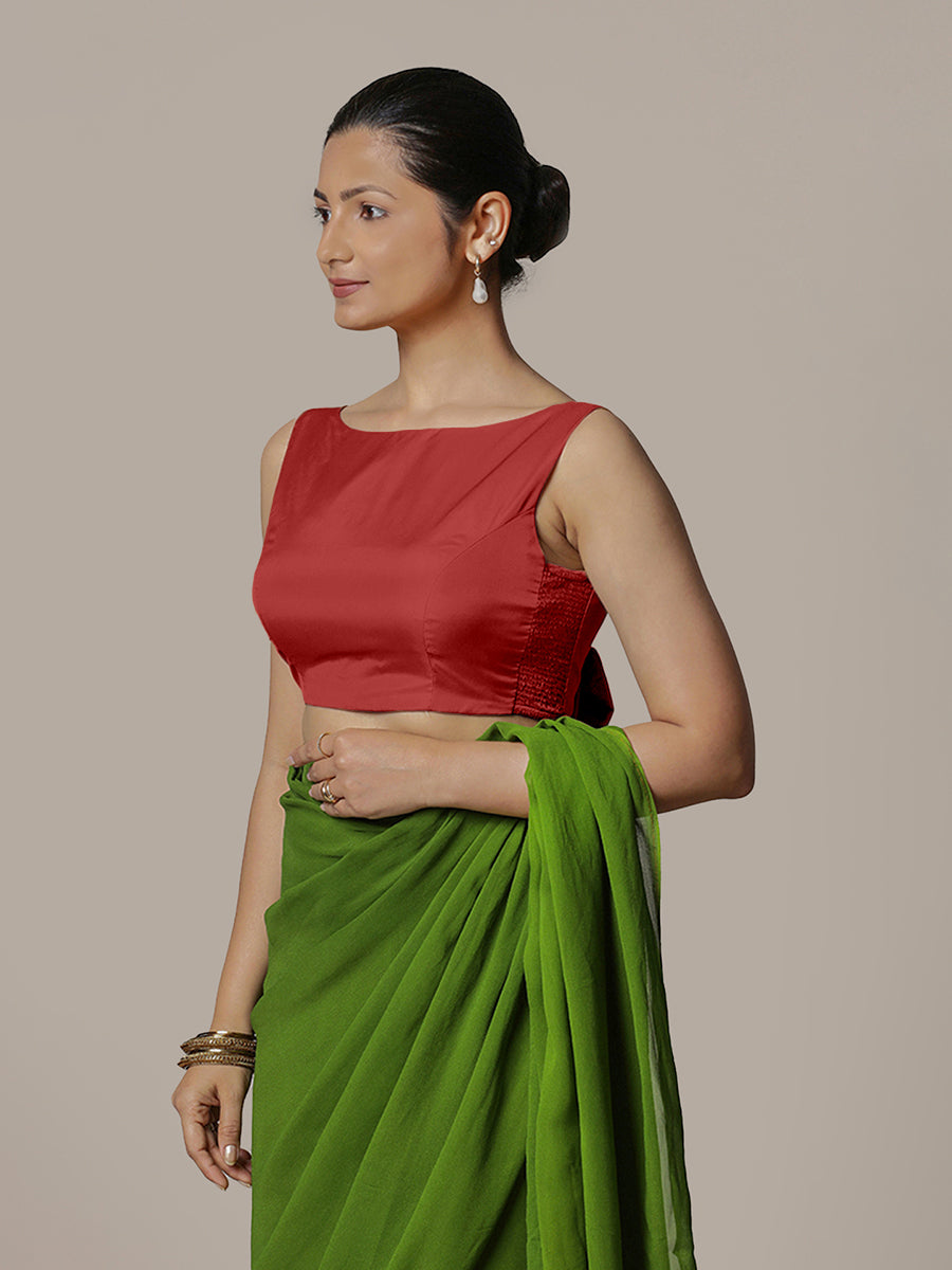 Sherry x Rozaana Saree Blouse, in Red Vegan Silk, featuring sleeveless and boat neckline, made for party & festive (view 5).