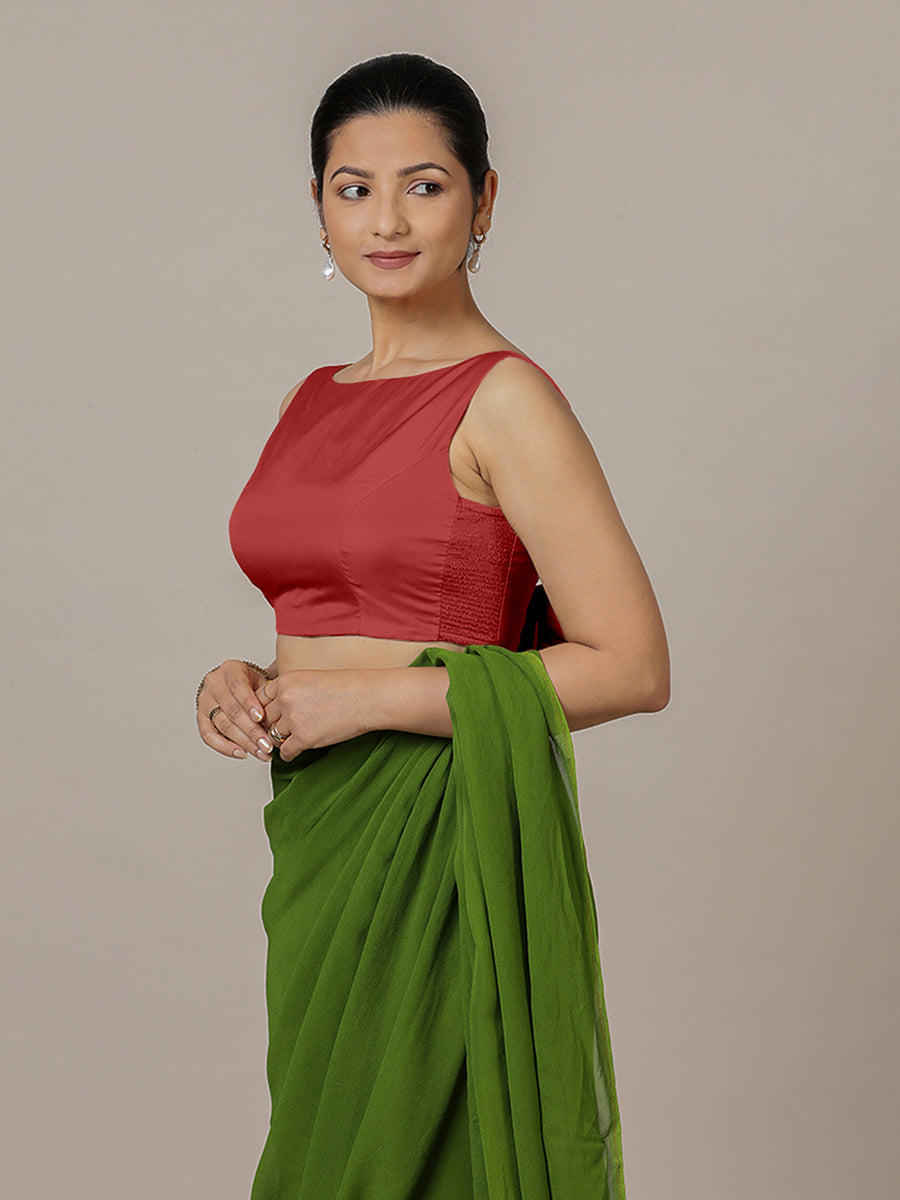 Sherry x Rozaana Saree Blouse, in Red Vegan Silk, featuring sleeveless and boat neckline, made for party & festive (view 6).