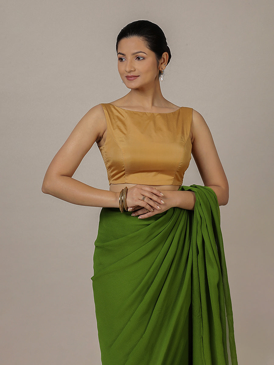 Sherry x Rozaana Saree Blouse, in Gold Vegan Silk, featuring sleeveless and boat neckline, made for party & festive (view 4).