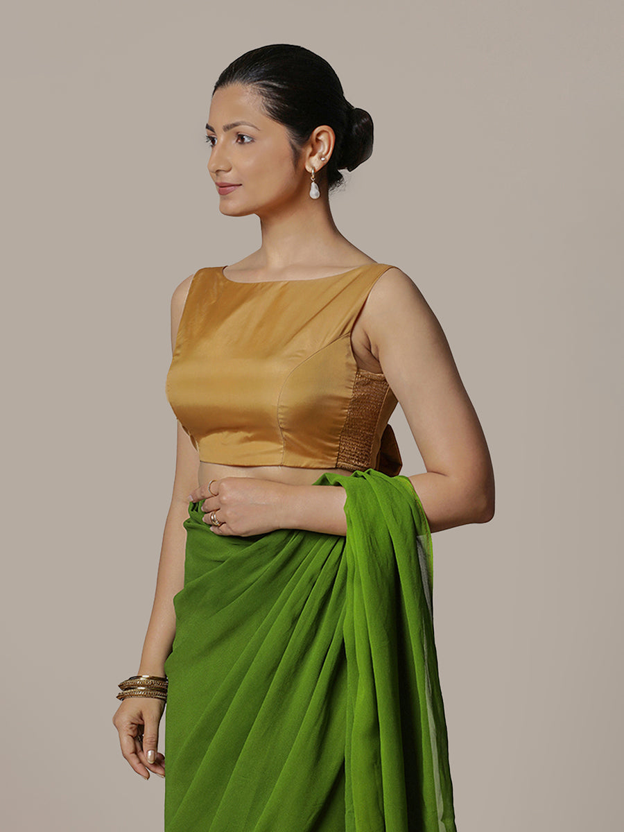 Sherry x Rozaana Saree Blouse, in Gold Vegan Silk, featuring sleeveless and boat neckline, made for party & festive (view 5).