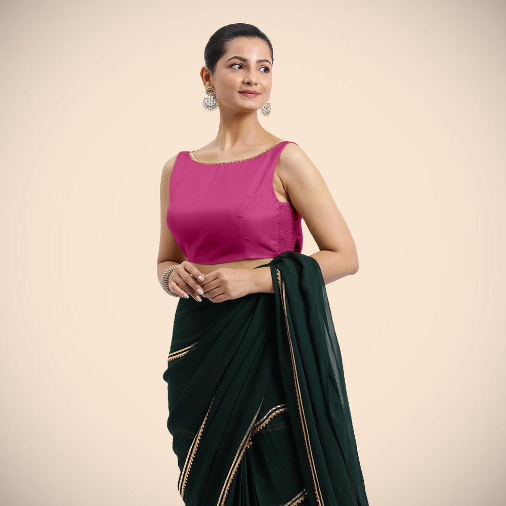 Sherry x Tyohaar | Sleeveless Hot Pink FlexiFit™ Gota Embellished Saree Blouse with Boat Neck