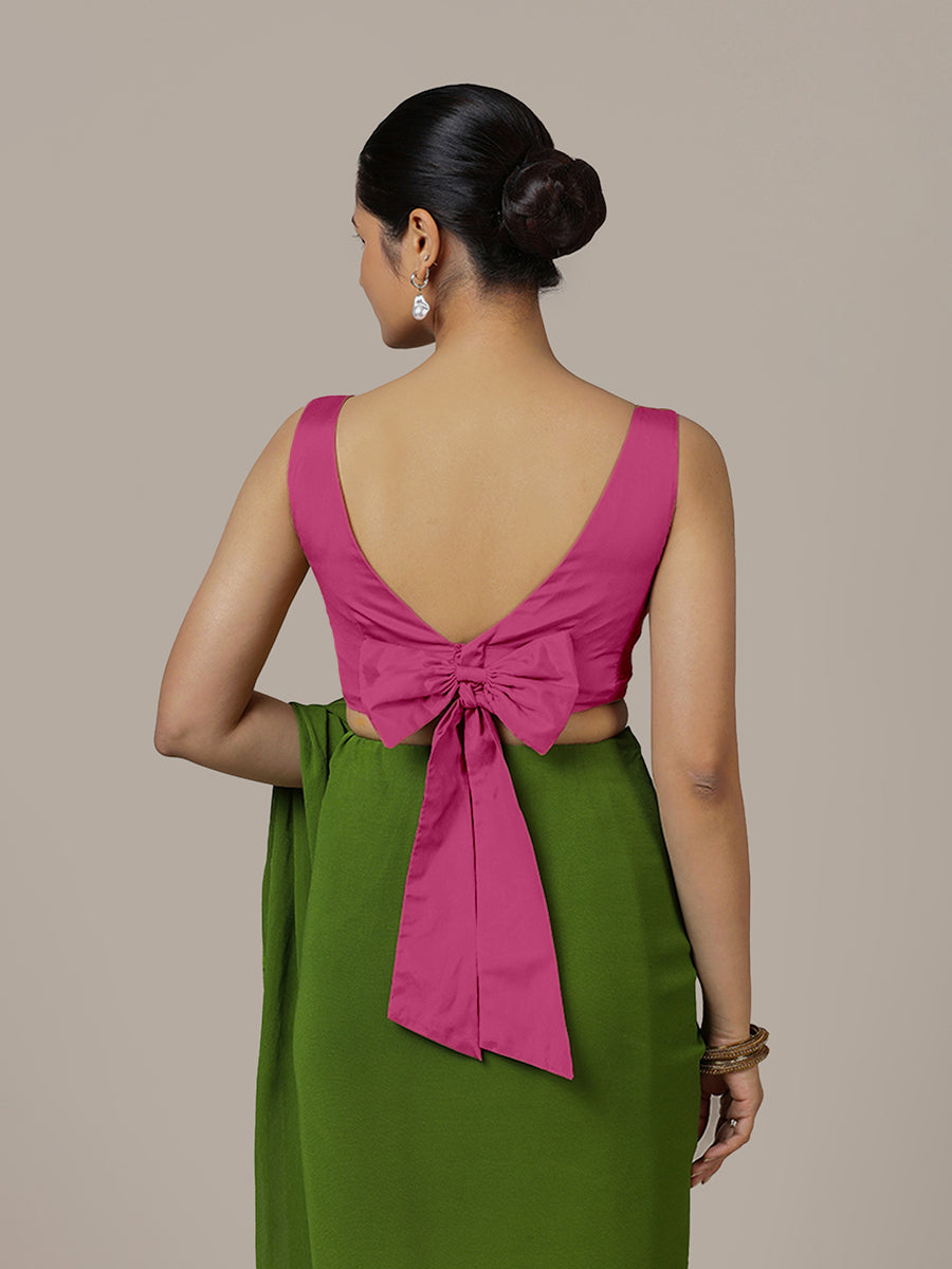 Sherry x Rozaana Saree Blouse, in Pink Artificial Silk, featuring sleeveless and boat neckline, made for party & festive.