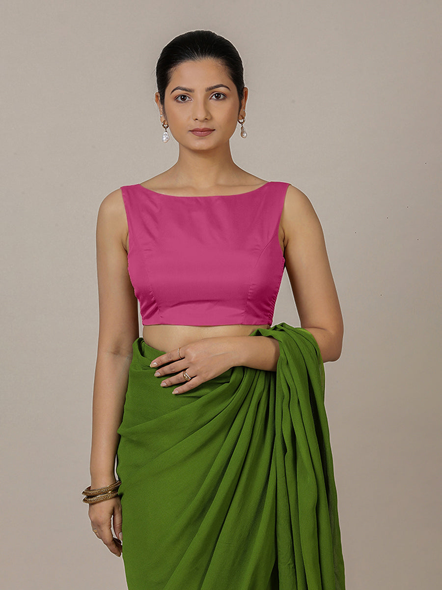 Sherry x Rozaana Saree Blouse, in Pink Artificial Silk, featuring sleeveless and boat neckline, made for party & festive.