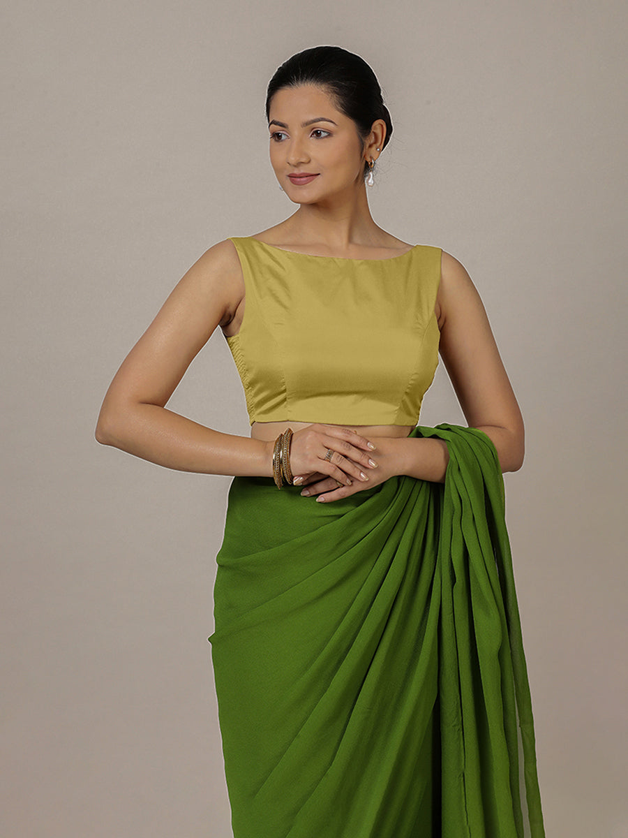 Sherry x Rozaana Saree Blouse, in Yellow Vegan Silk, featuring sleeveless and boat neckline, made for party & festive (view 4).