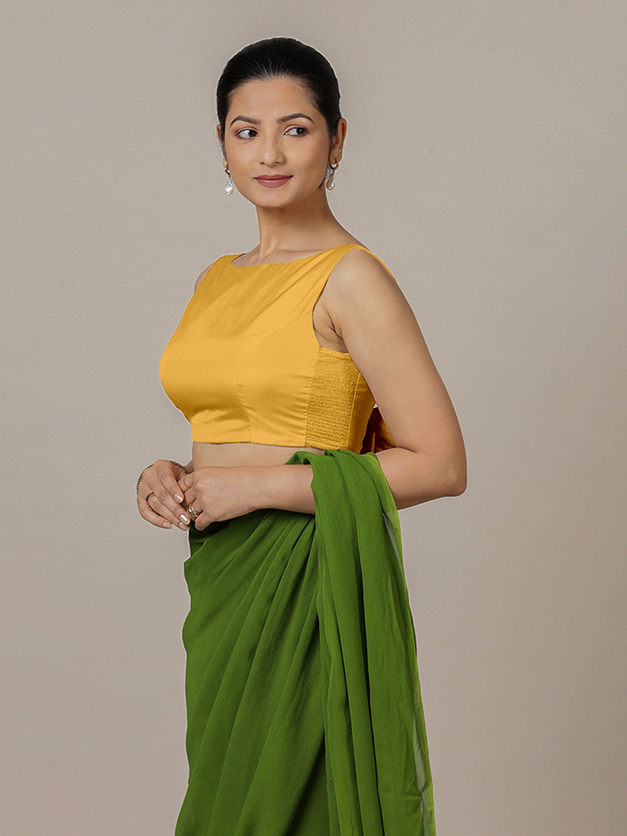 Sherry x Rozaana Saree Blouse, in Yellow Artificial Silk, featuring sleeveless and boat neckline, made for party & festive.