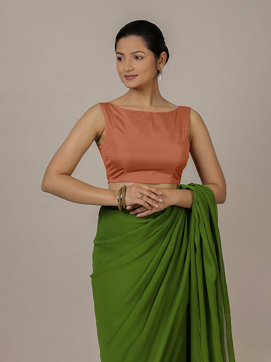 Sherry x Rozaana Saree Blouse, in Copper Vegan Silk, featuring sleeveless and boat neckline, made for party & festive (view 4).