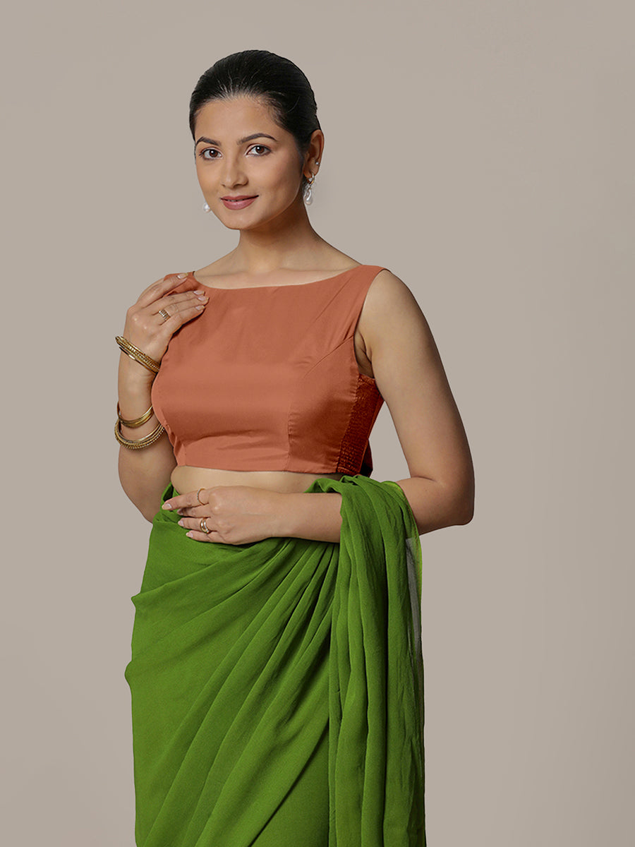 Sherry x Rozaana Saree Blouse, in Copper Vegan Silk, featuring sleeveless and boat neckline, made for party & festive (view 5).
