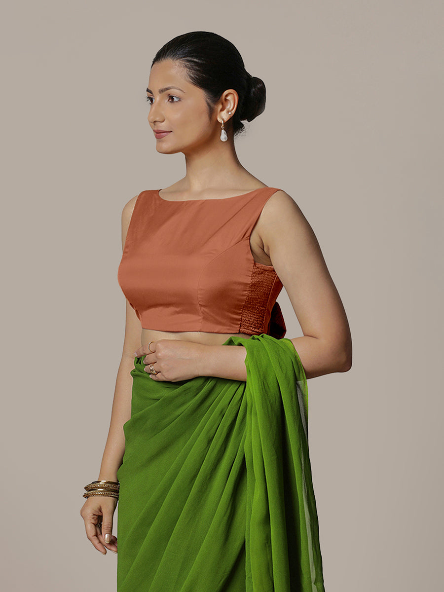 Sherry x Rozaana Saree Blouse, in Copper Vegan Silk, featuring sleeveless and boat neckline, made for party & festive (view 6).