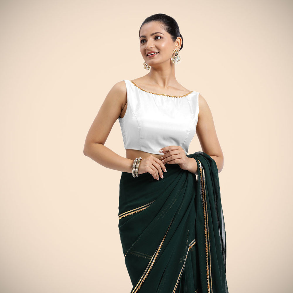 Sherry x Tyohaar | Pearl White Sleeveless FlexiFit™ Saree Blouse with Simple Golden Gota Lace on Neckline and Removable Bow on Back
