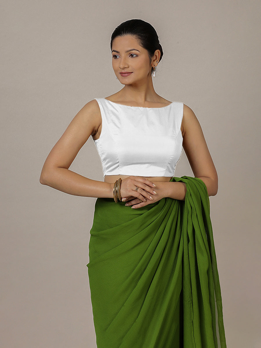 Sherry x Rozaana Saree Blouse, in White Vegan Silk, featuring sleeveless and boat neckline, made for party & festive (view 4).